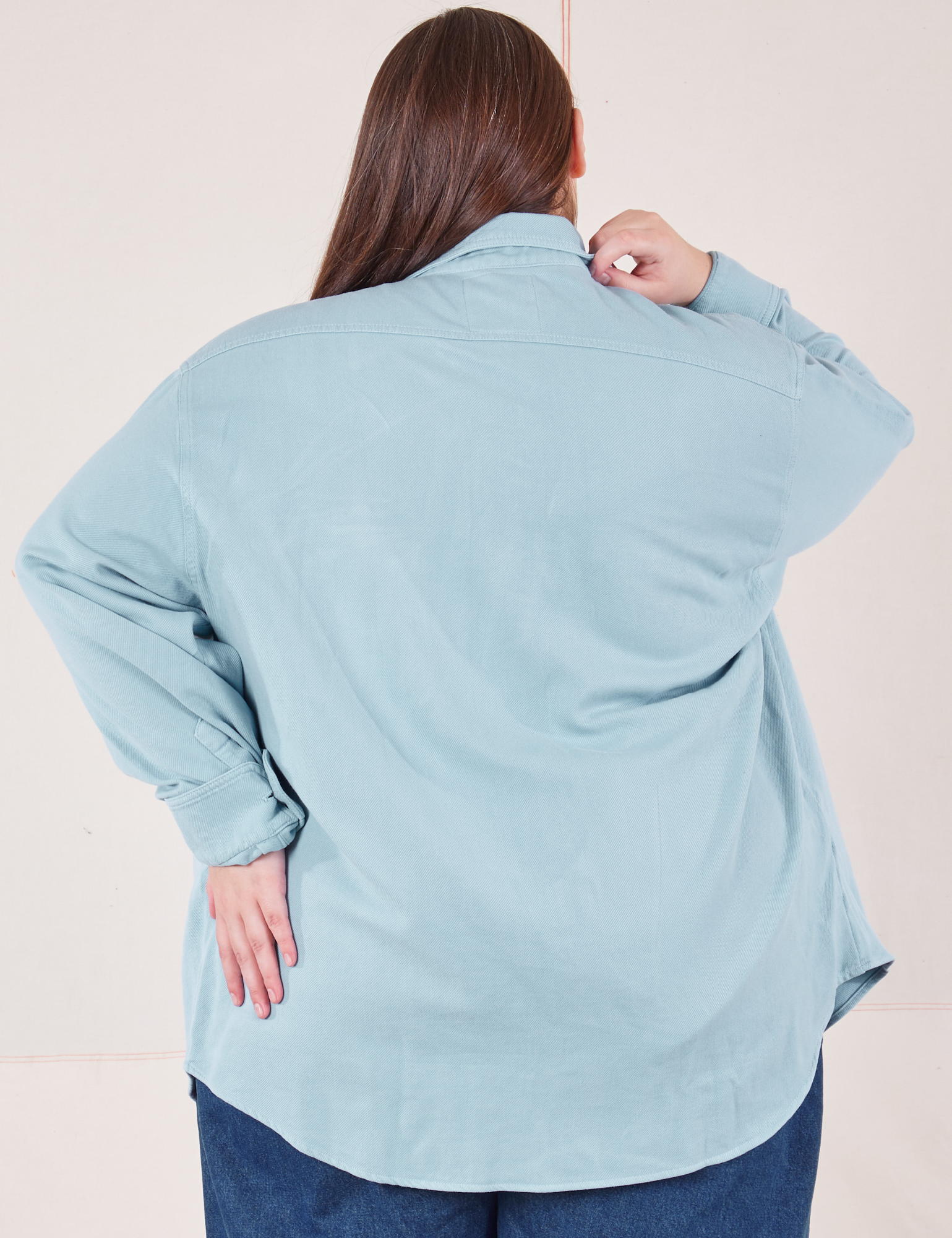 Back view of Flannel Overshirt in Baby Blue on Marielena