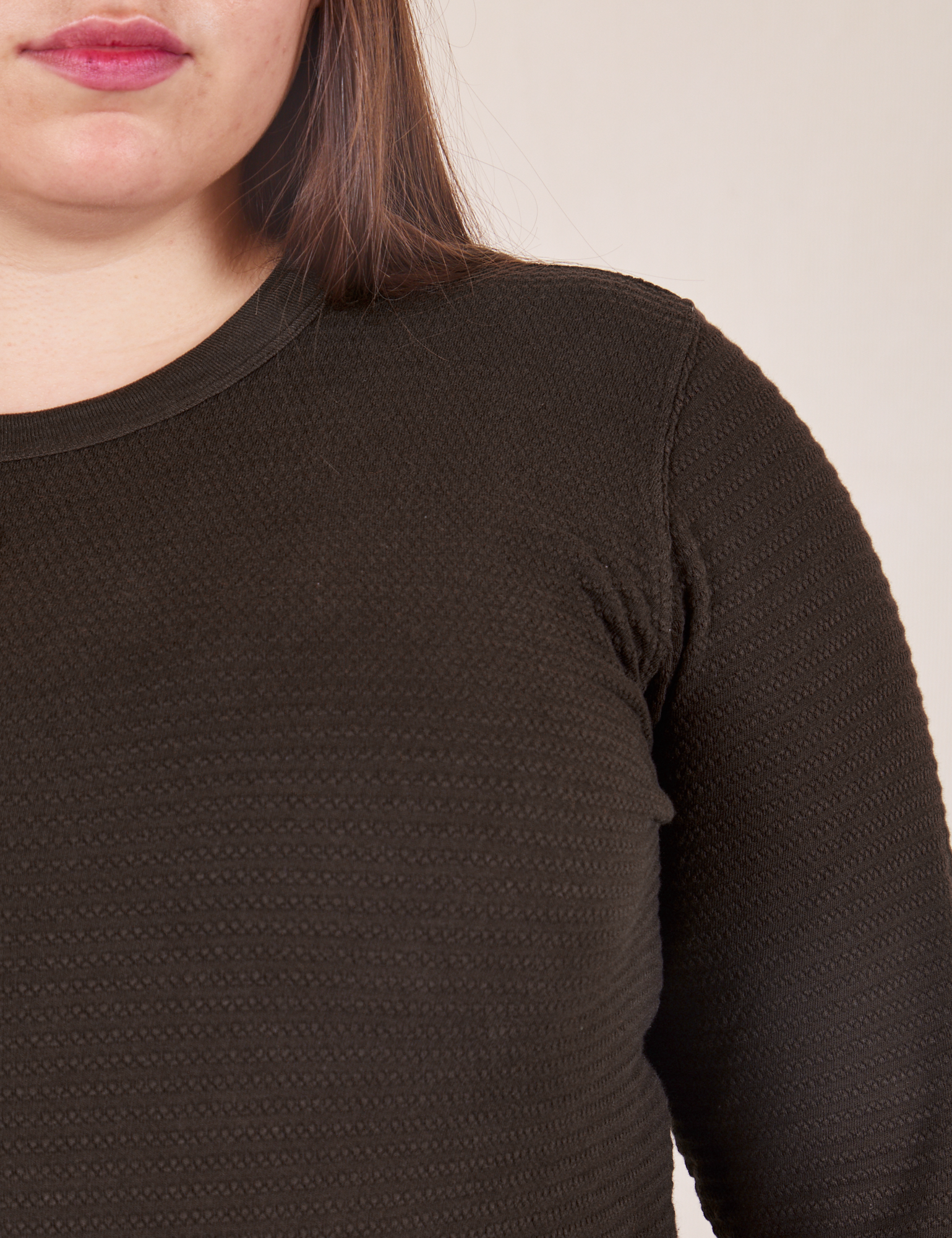 Front close up of Honeycomb Thermal in Espresso Brown worn by Marielena