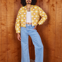 Jesse is 5'8" and wearing XS Jacquard Ricky Jacket in Yellow