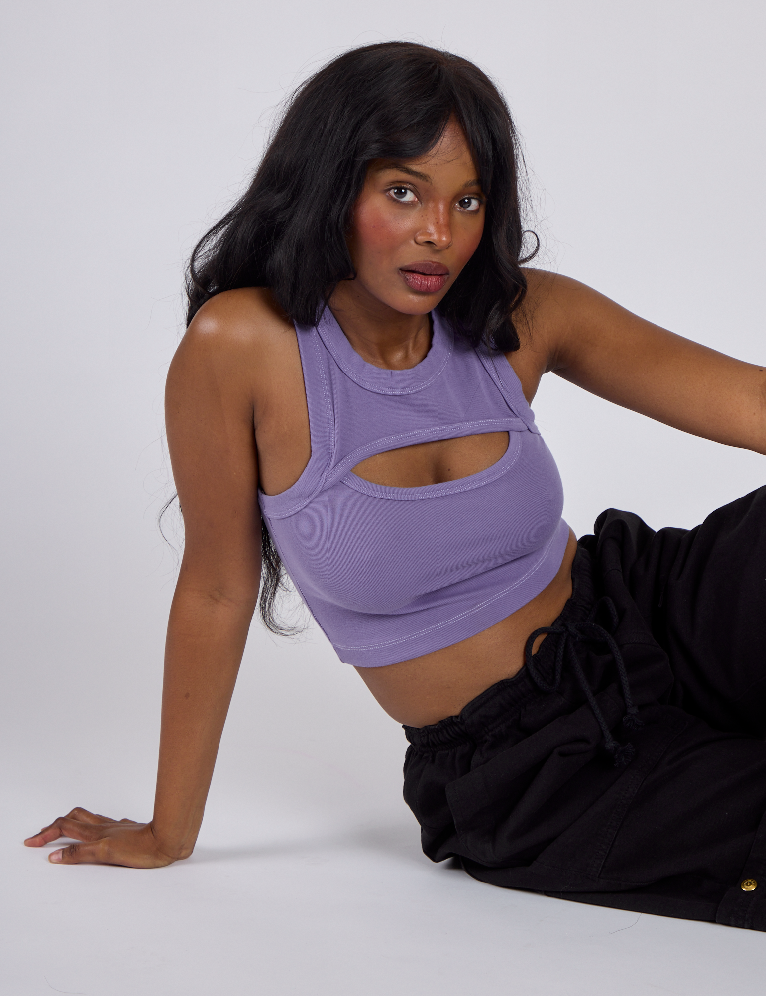 Kandia wearing the Faded Grape Porthole Tank 