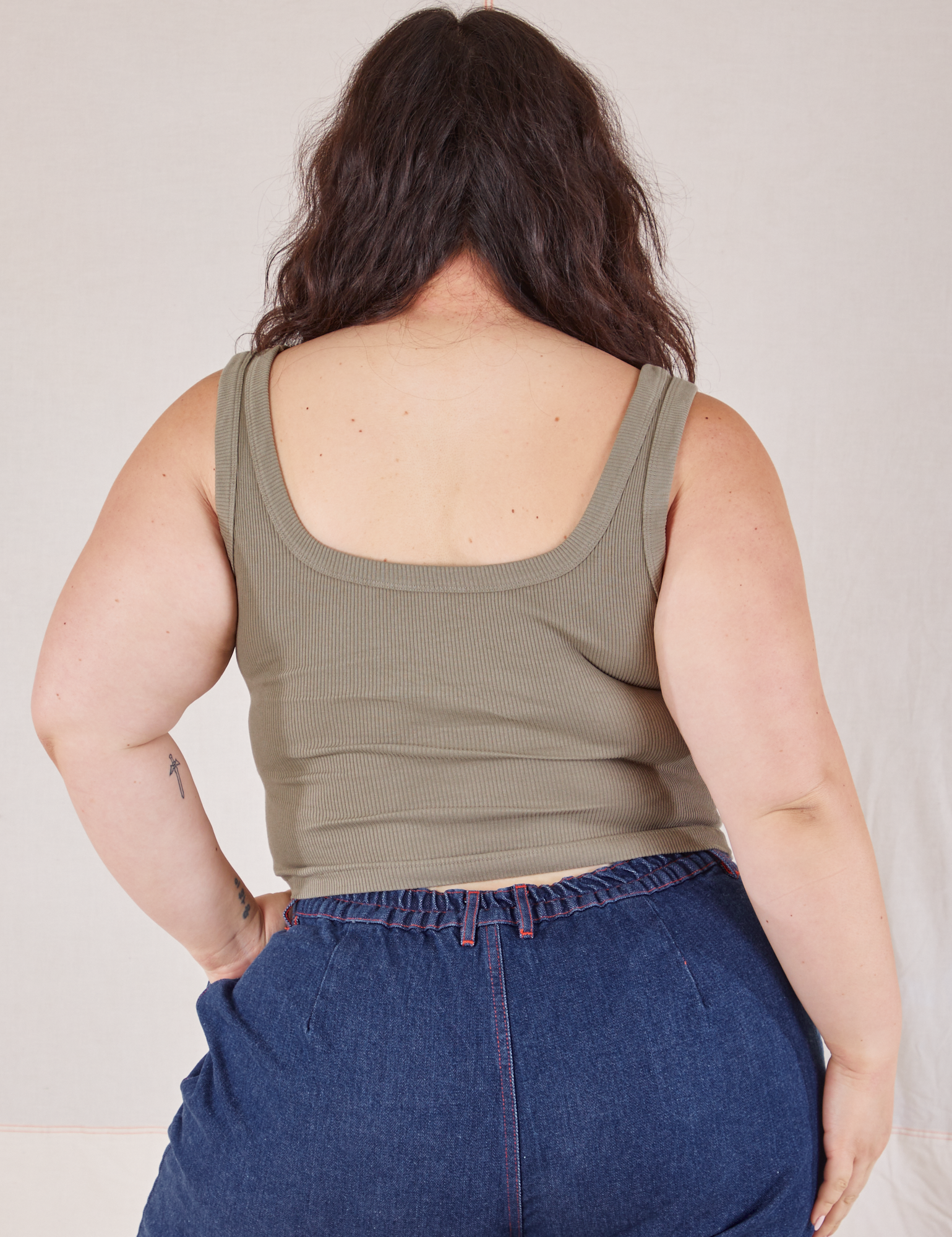 Square Neck Tank in Khaki Grey back view on Ashley