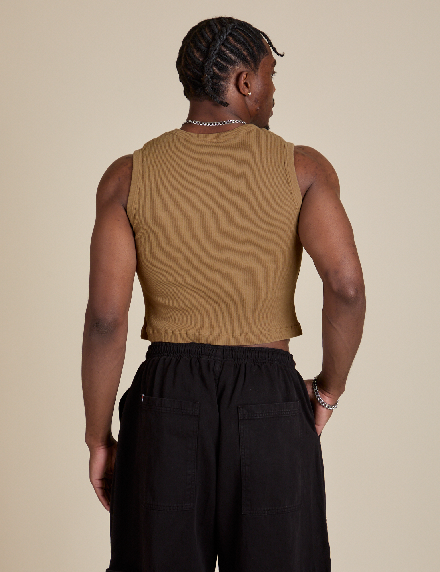 Muscle Tee in Desert Brown back view on Isaac