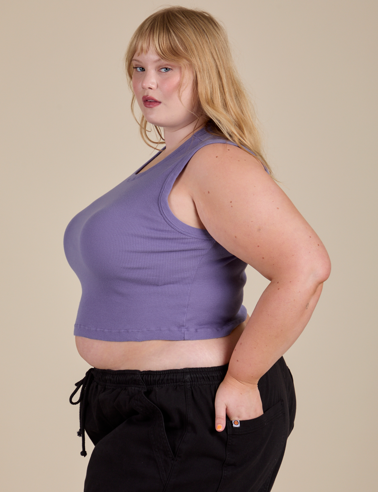 Side view of Muscle Tee in Faded Grape on Juliet
