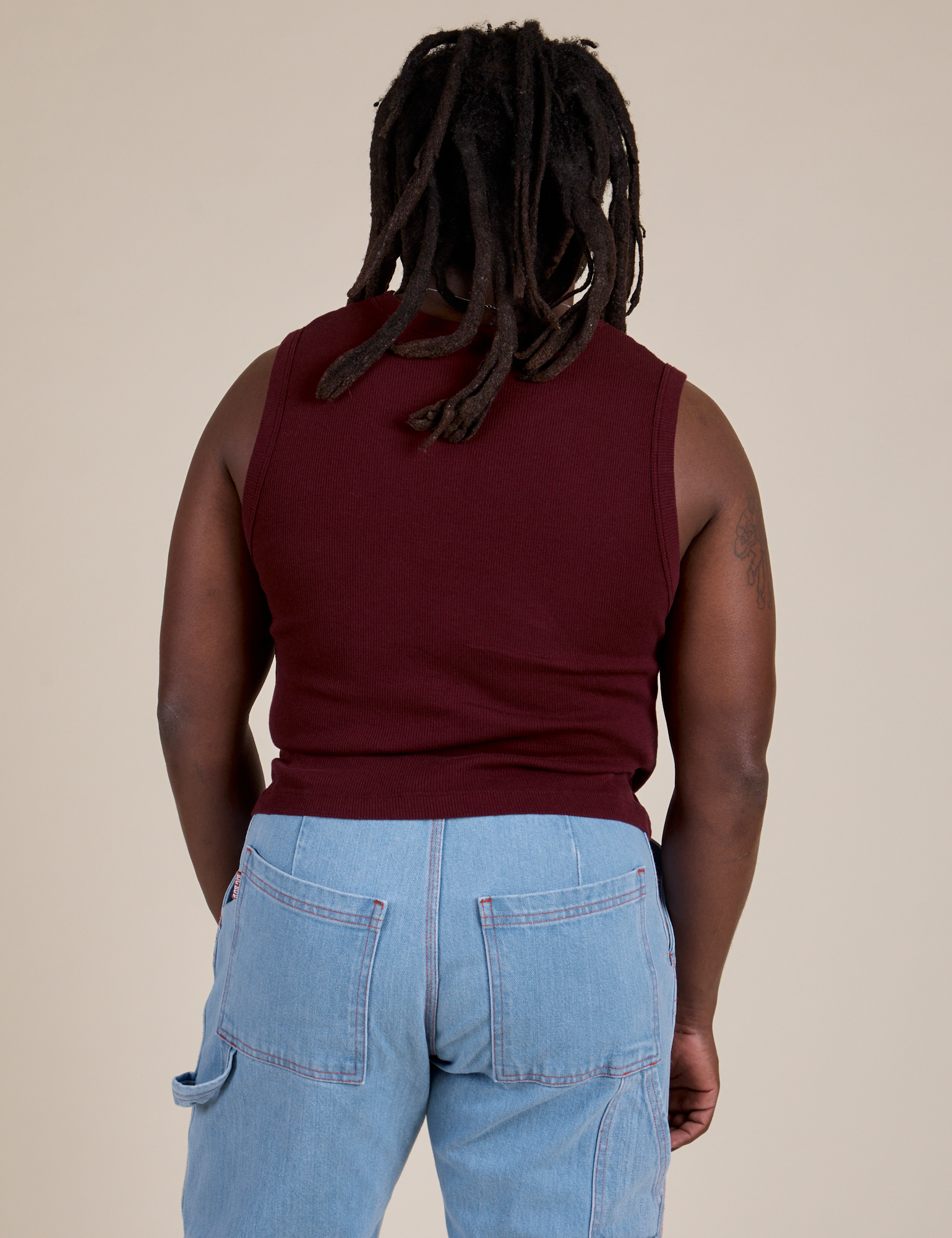 Muscle Tee in Red Wine back view on Demi