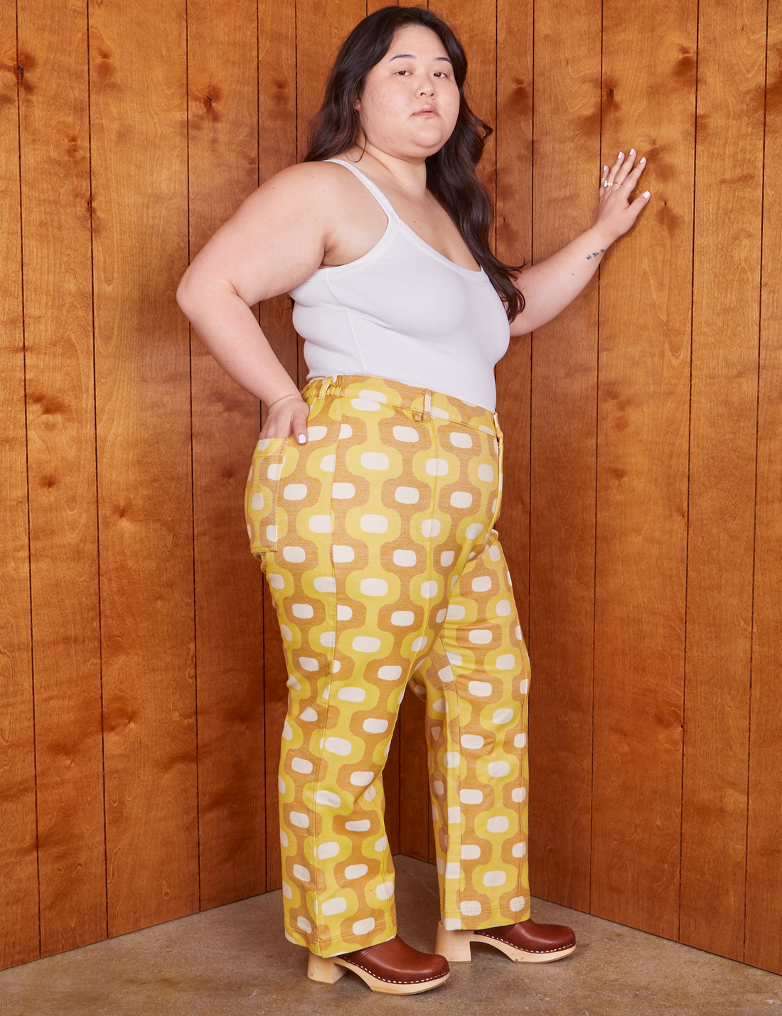 Side view of Western Pants in Yellow Jacquard worn by Ashley
