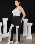 Side view of Column Work Pants in Basic Black and vintage off-white Cropped Tank Top