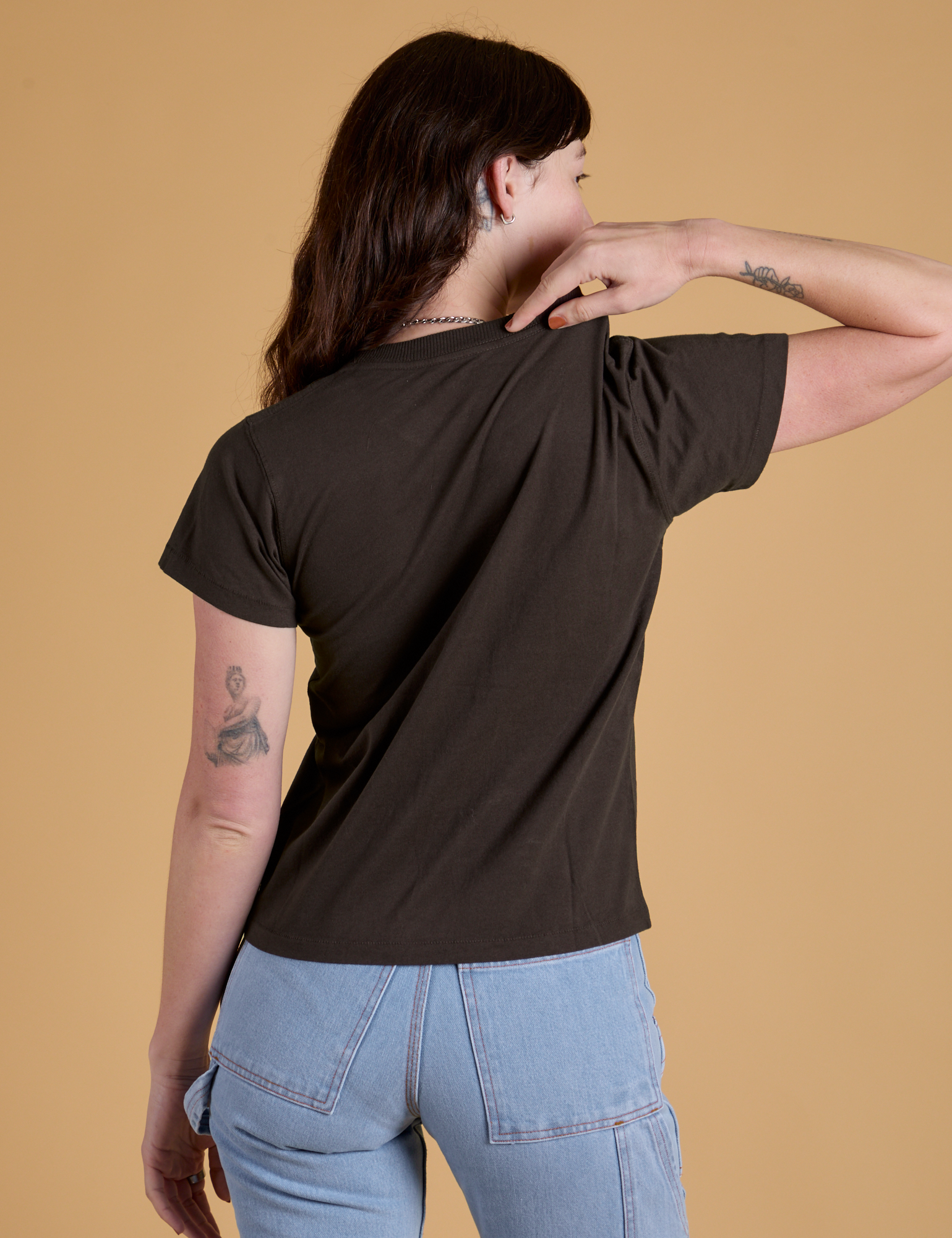 Organic Vintage Tee in Espresso Brown back view on Alex