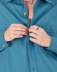 Front close up of Oversize Overshirt in Marine Blue worn by Alex