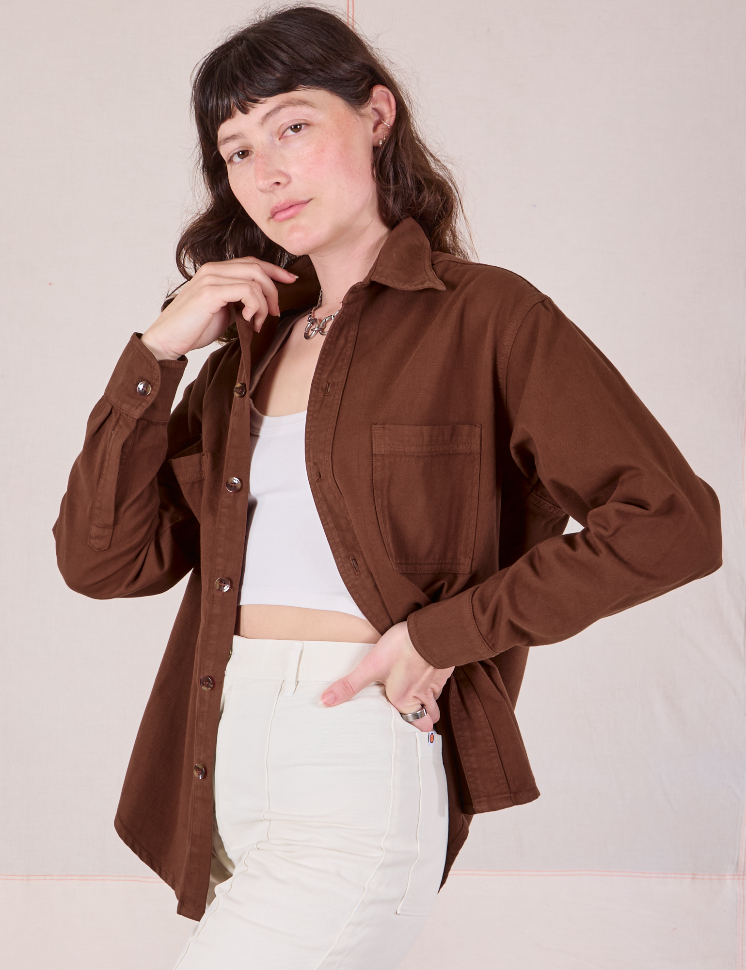 Twill Overshirt in Fudgesicle Brown angled view on Alex