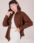 Twill Overshirt in Fudgesicle Brown angled view on Alex