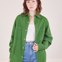 Hana is wearing size P Oversize Overshirt in Lawn Green paired with vintage off-white Cropped Tank Top