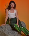 Paintstamped Work Pants in Cactus and Cropped Tank in Vintage Tee White on Alex