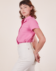 Side view of Pantry Button-Up in Bubblegum Pink worn by Alex