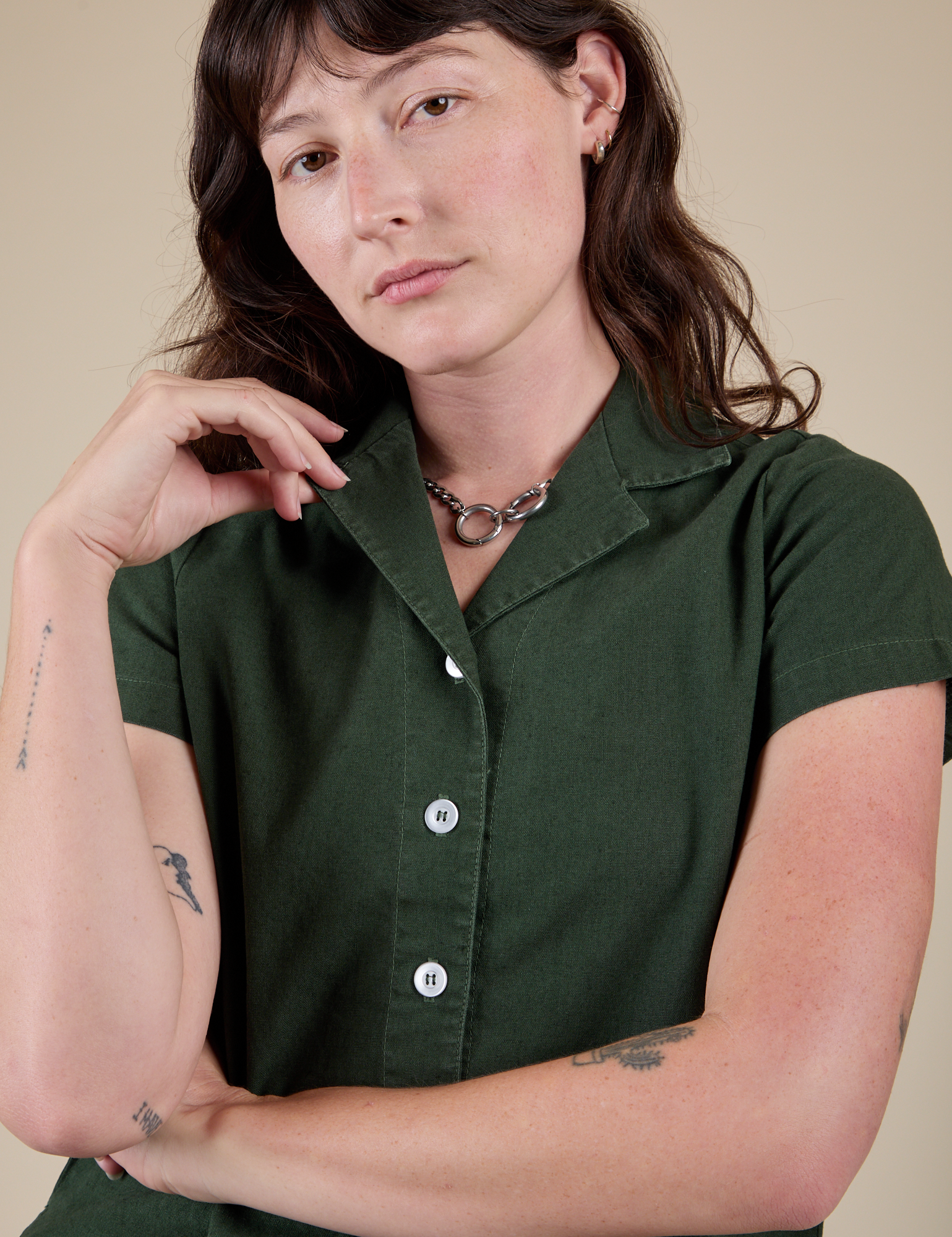 Pantry Button-Up in Swamp Green front close up on Alex