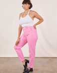 Side view of Pencil Pants in Bubblegum Pink and vintage off-white Halter Top on Tiara