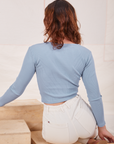 Back view of Long Sleeve V-Neck Tee in Periwinkle on Alex