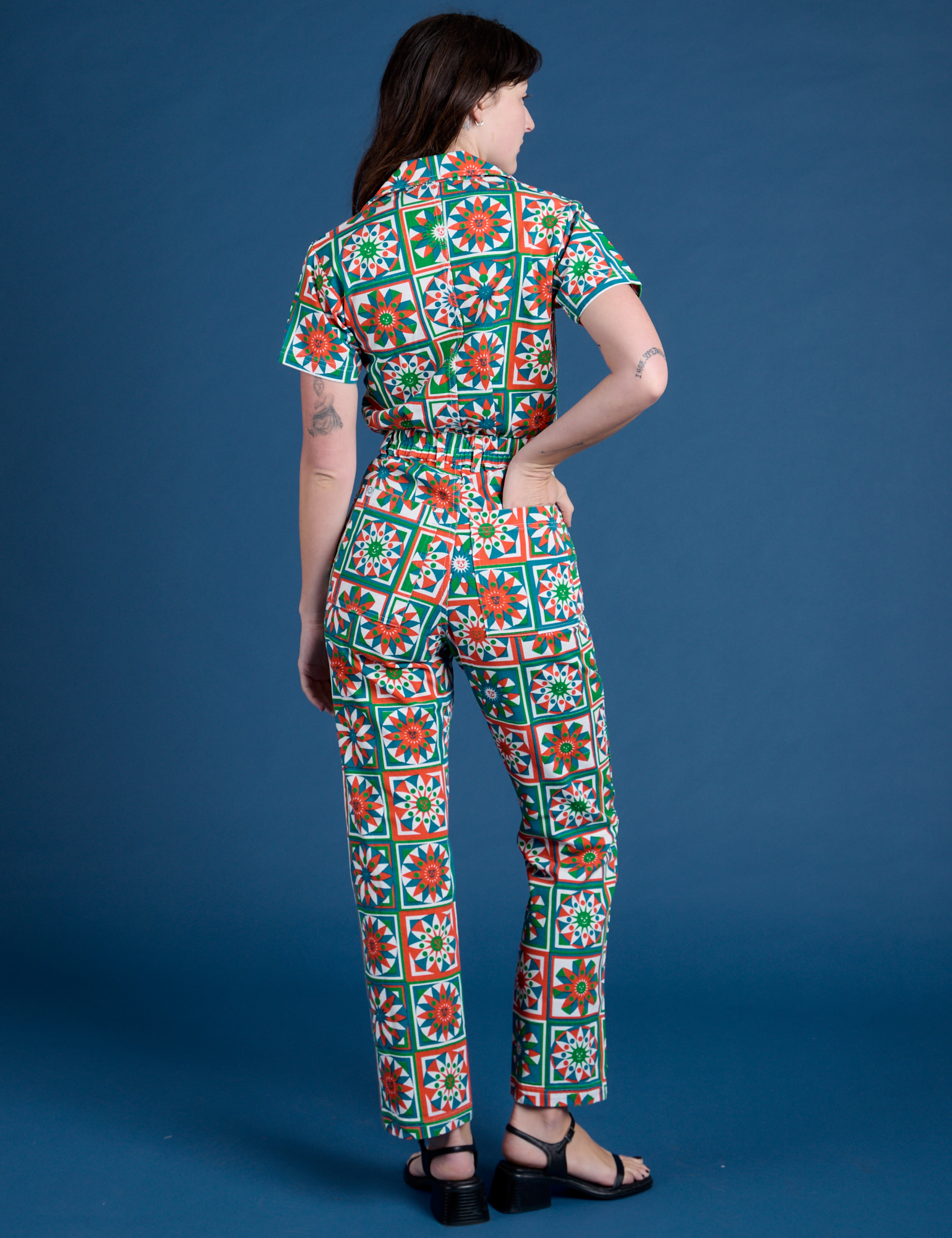 Quilt Print Jumpsuit back view on Alex