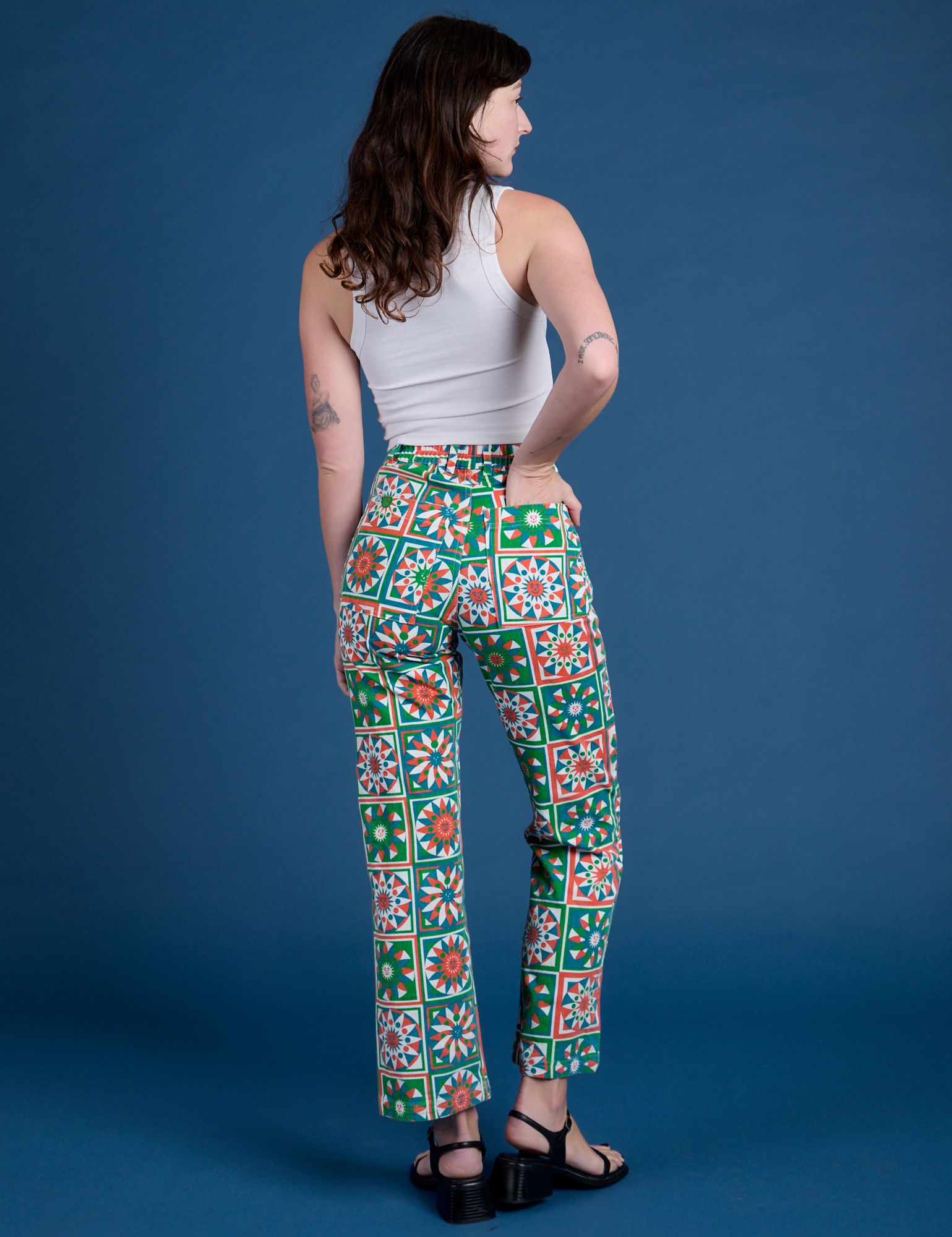 Work Pants in Quilt Print back view on Alex