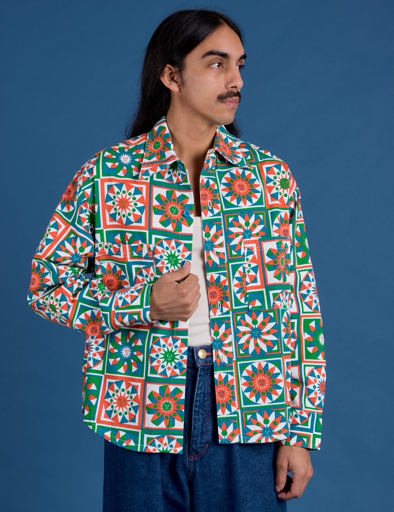 Cropped Overshirt in Quilt Print worn by Anthony