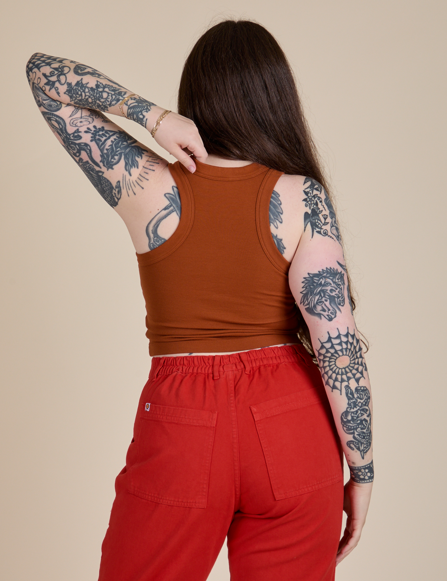 Racerback Tank in Burnt Terracotta back view on Sydney