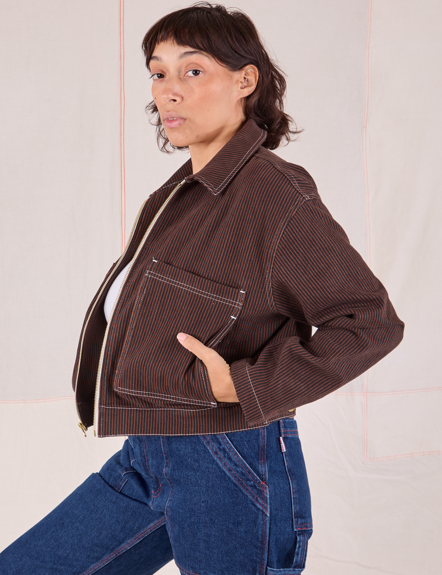 Mechanic Jacket in Fudgesicle Brown side view on Tiara