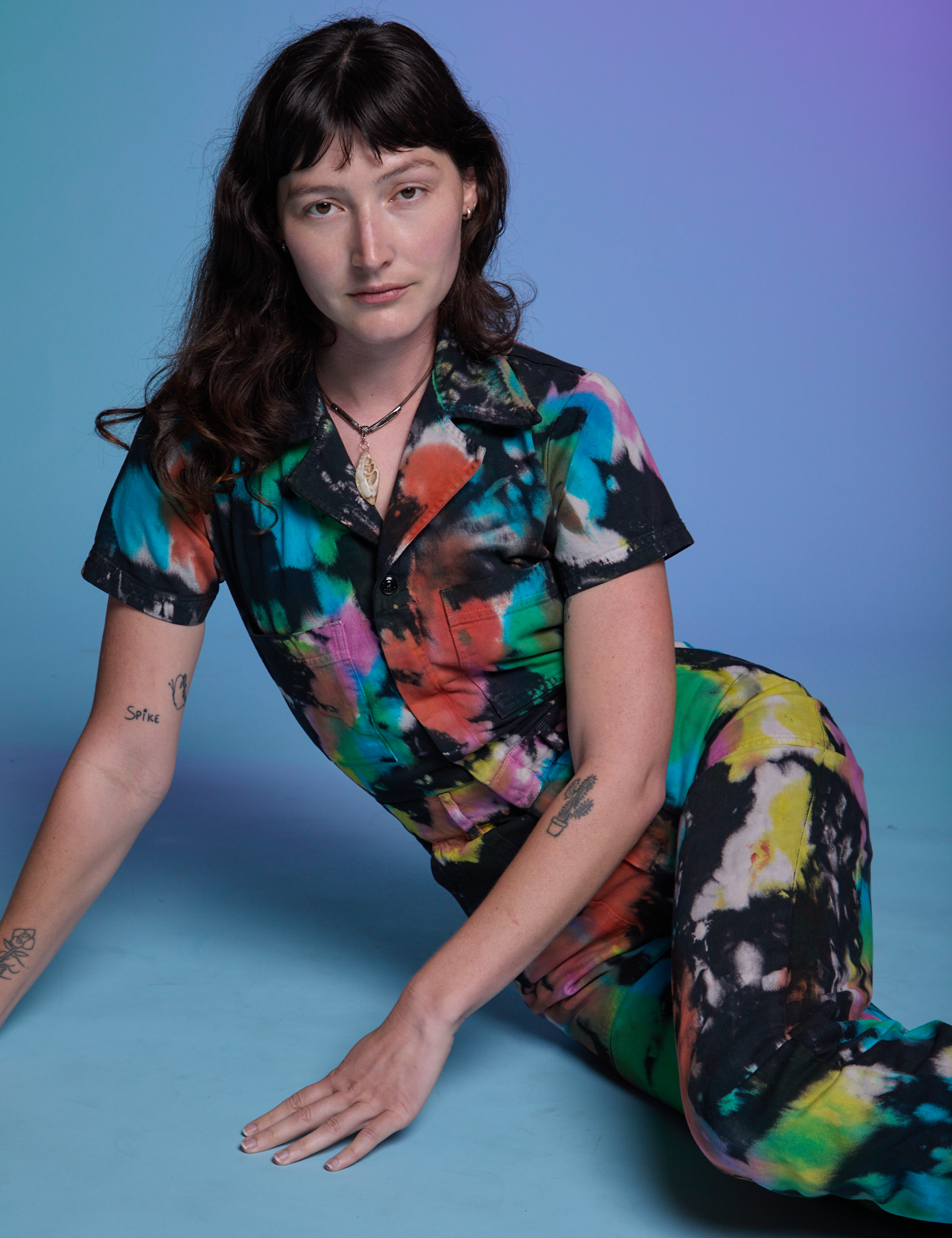 Short Sleeve Jumpsuit in Rainbow Magic Waters on Alex