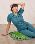 Tiara is wearing Short Sleeve Jumpsuit in Marine Blue