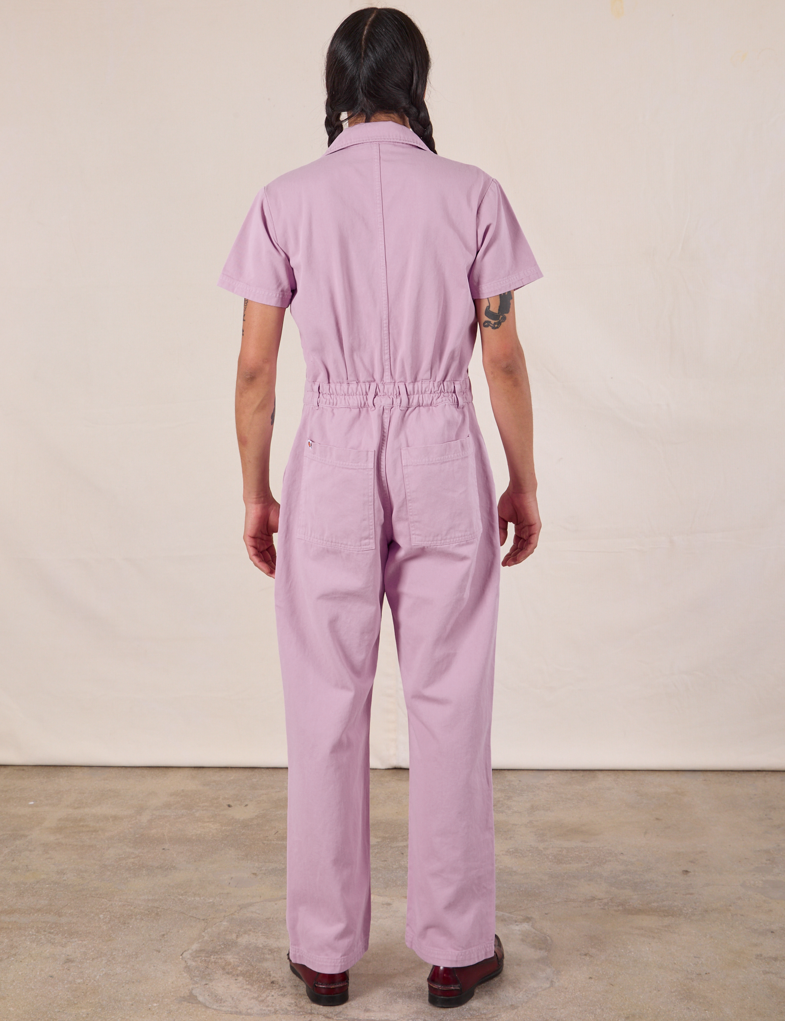 Short Sleeve Jumpsuit in Lilac back view on Anthony