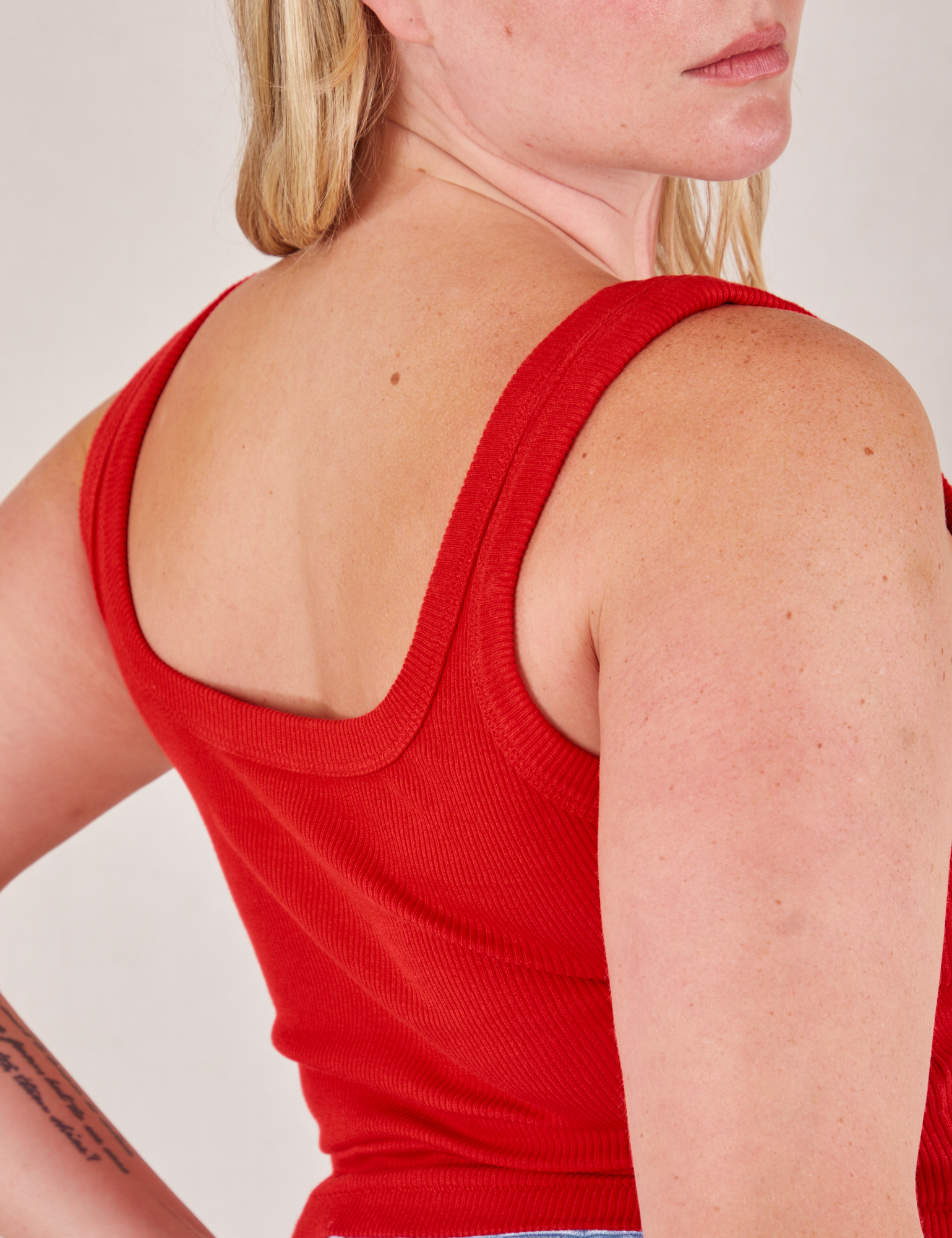 Square Neck Tank in Mustang Red back shoulder close up on Lish