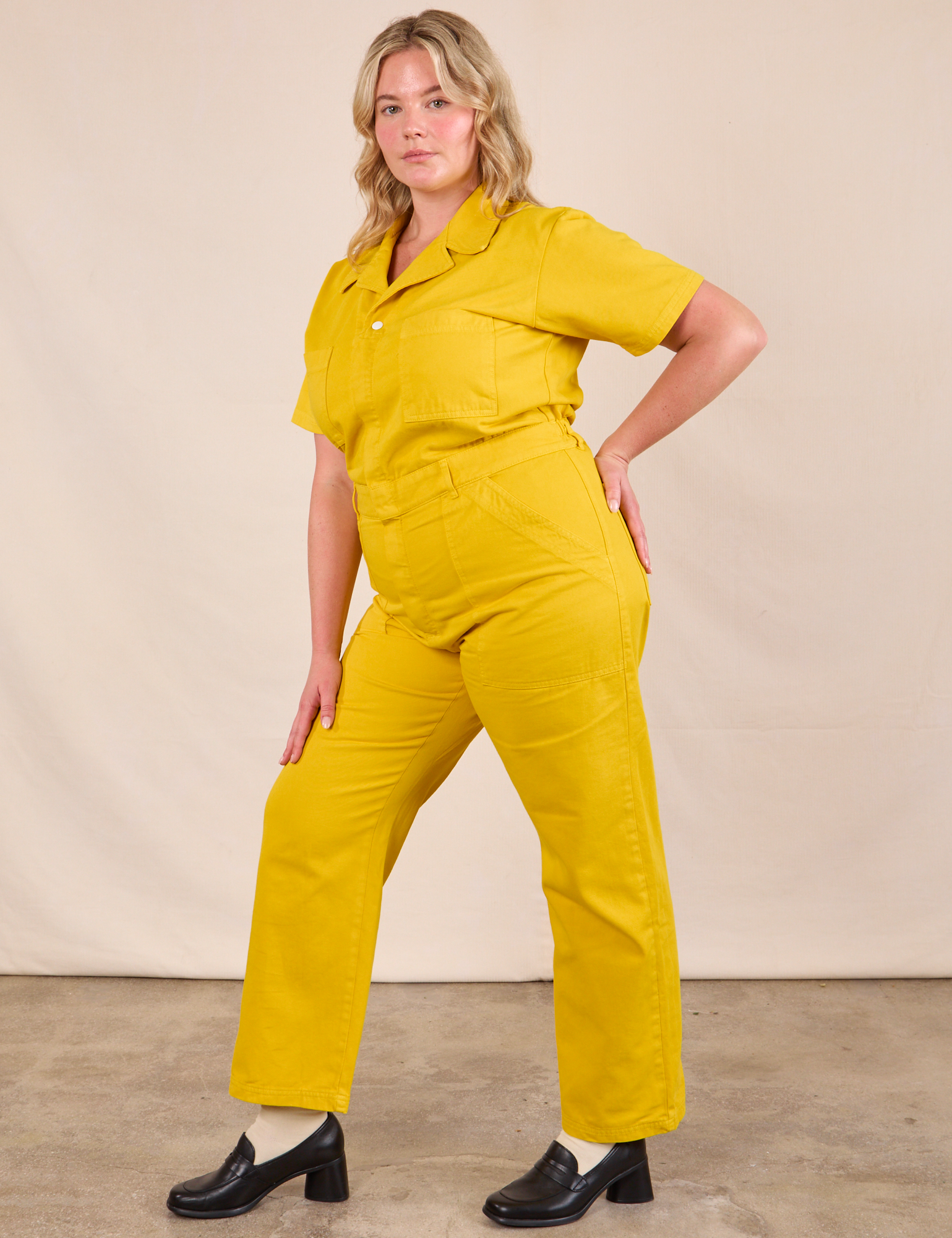 Short Sleeve Jumpsuit in Golden Yellow side view on Lish