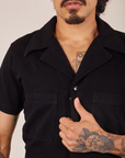 Front close up of Short Sleeve Jumpsuit in Basic Black worn by Jesse