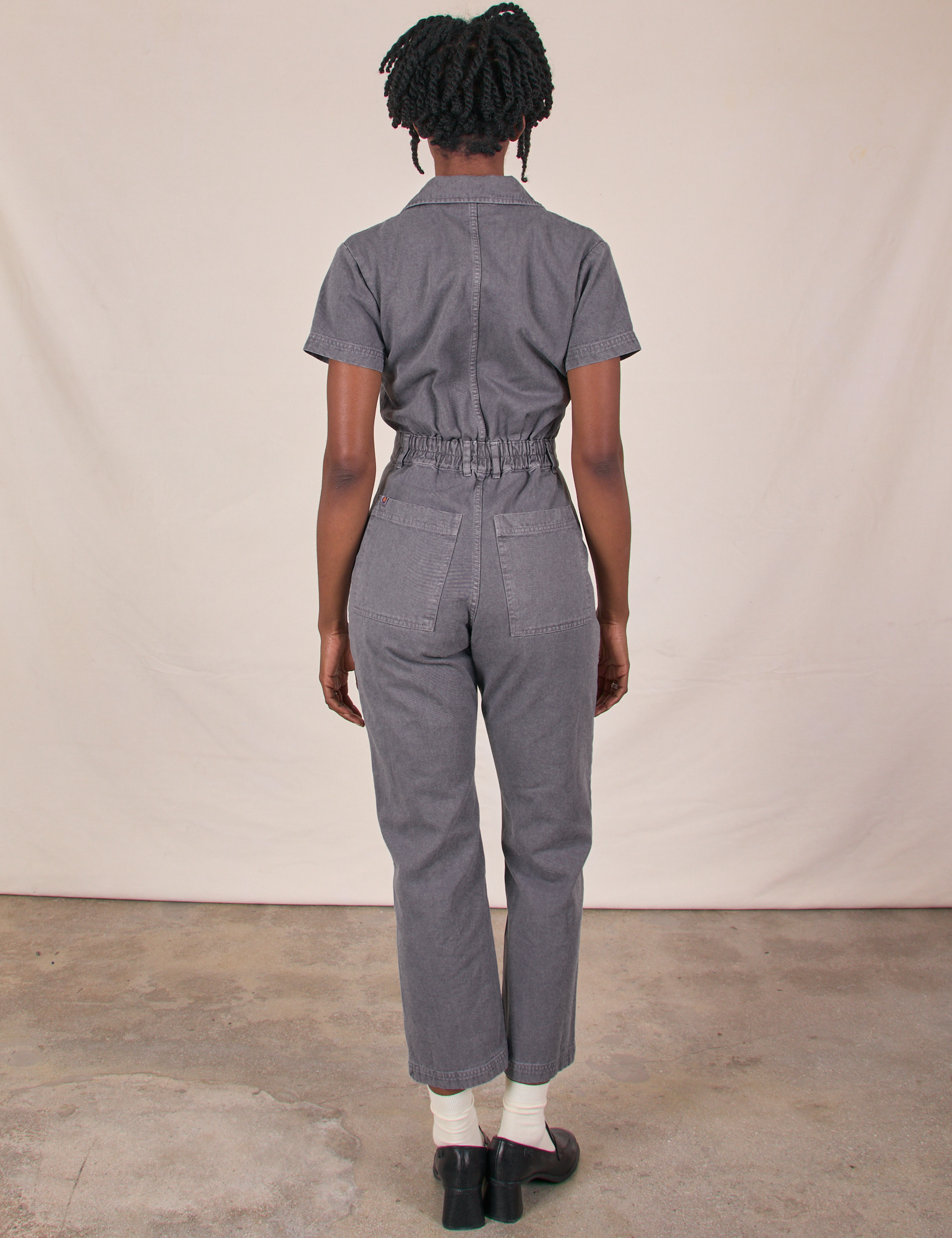 Short Sleeve Jumpsuit in Washed Grey back view on Cheyann