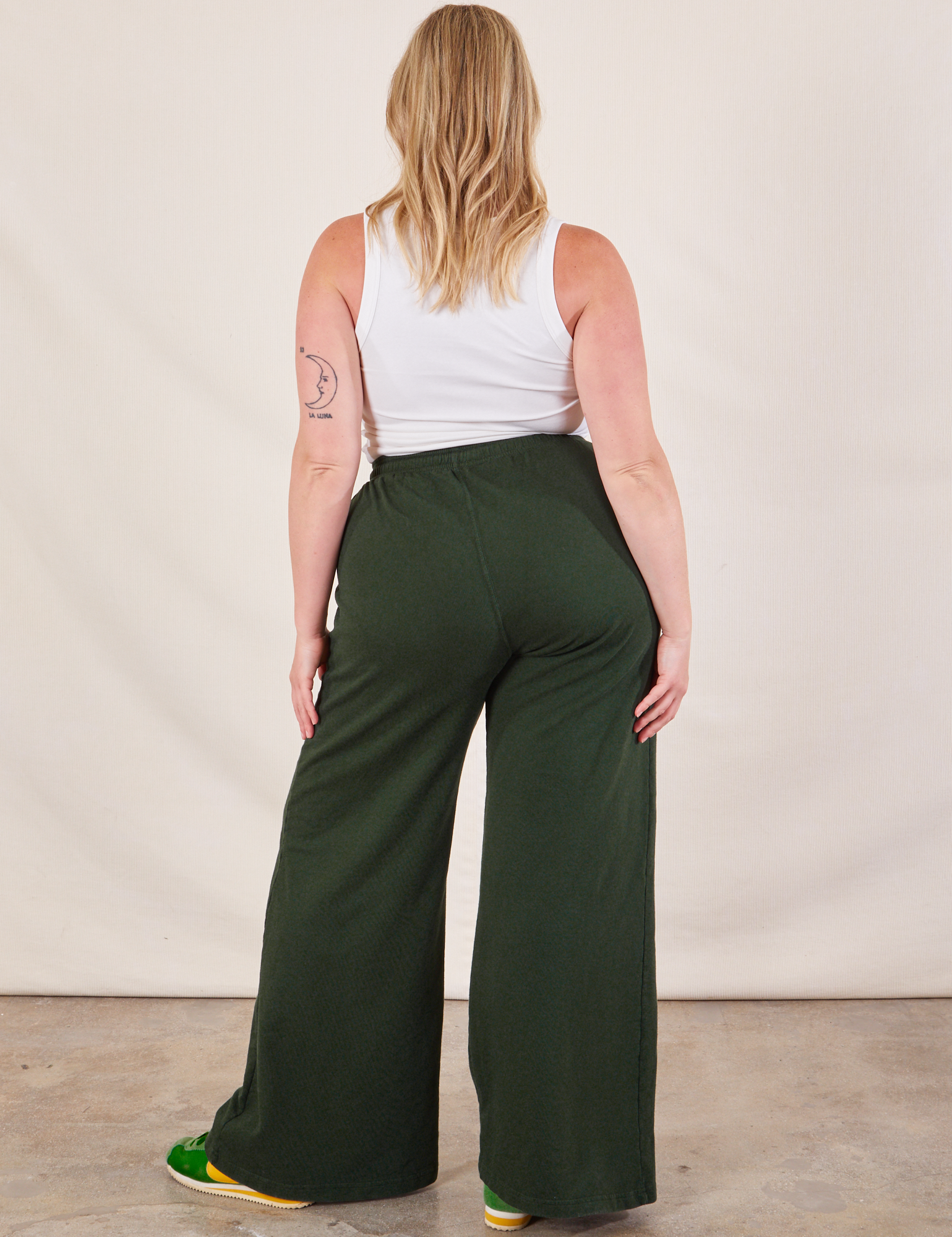 Wide Leg Sweat Pants in Swamp Green back view on Lish 