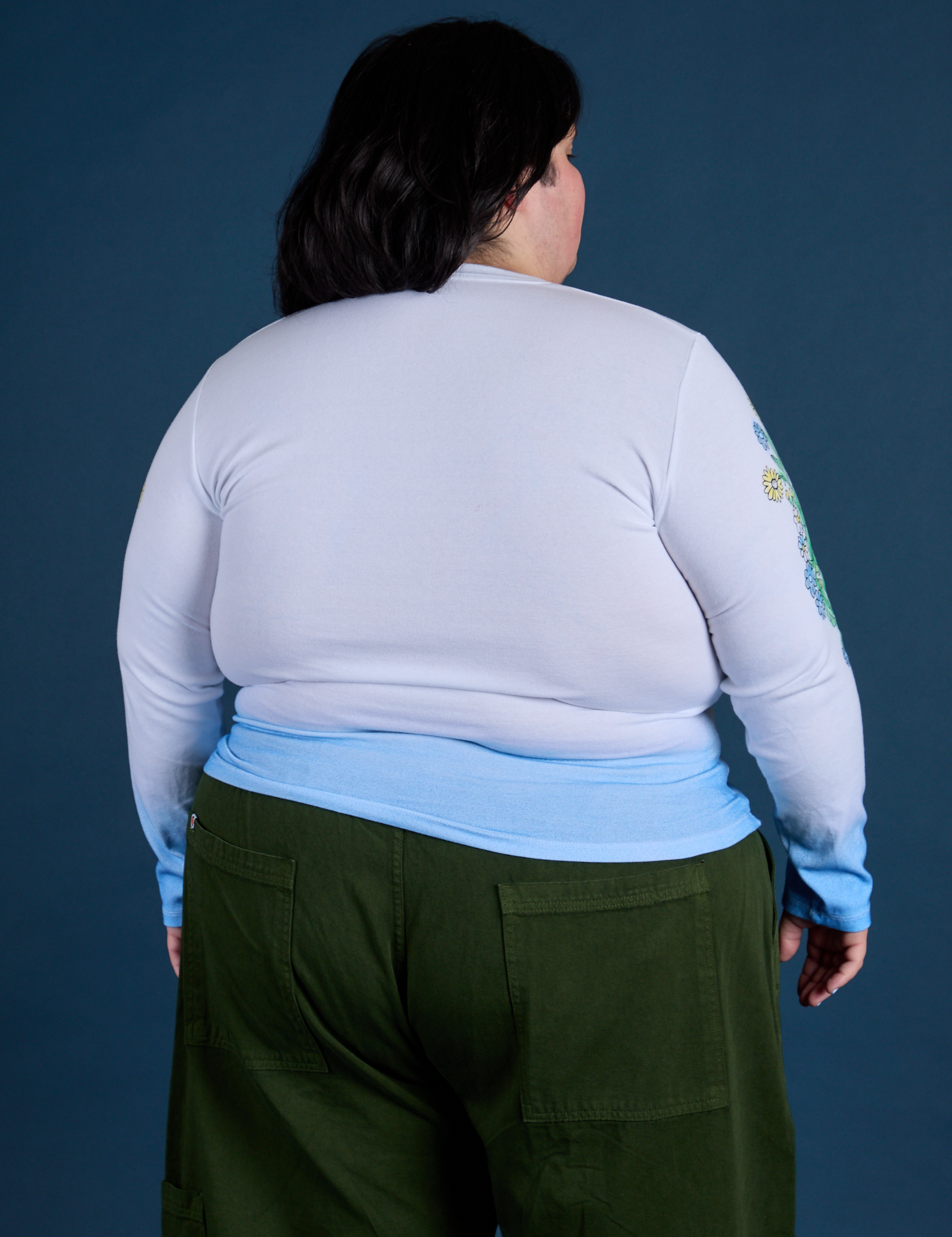 Floral Long Sleeve Baby Tee in Baby Blue back view on Sam