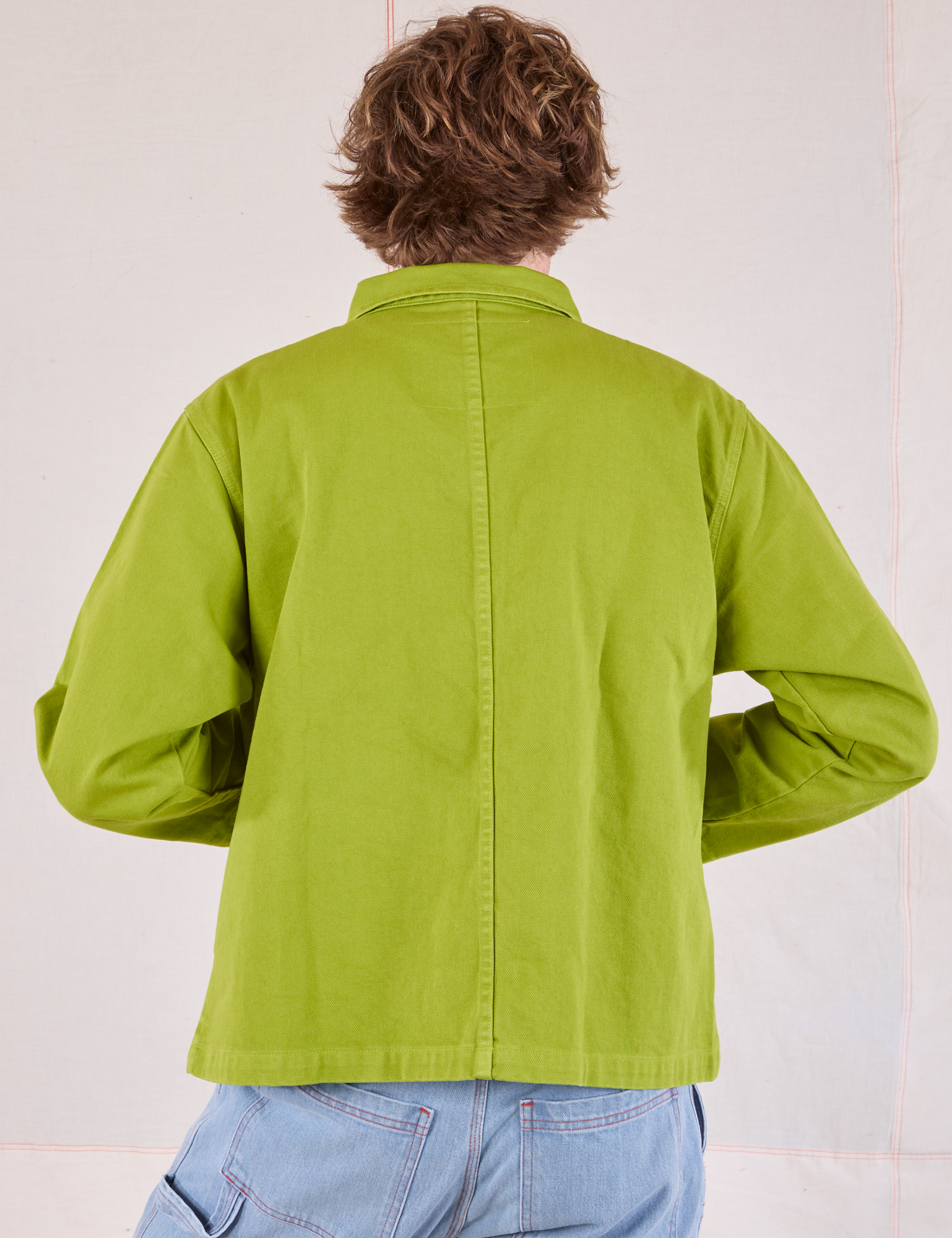 Denim Work Jacket in Gross Green back view on Quinn