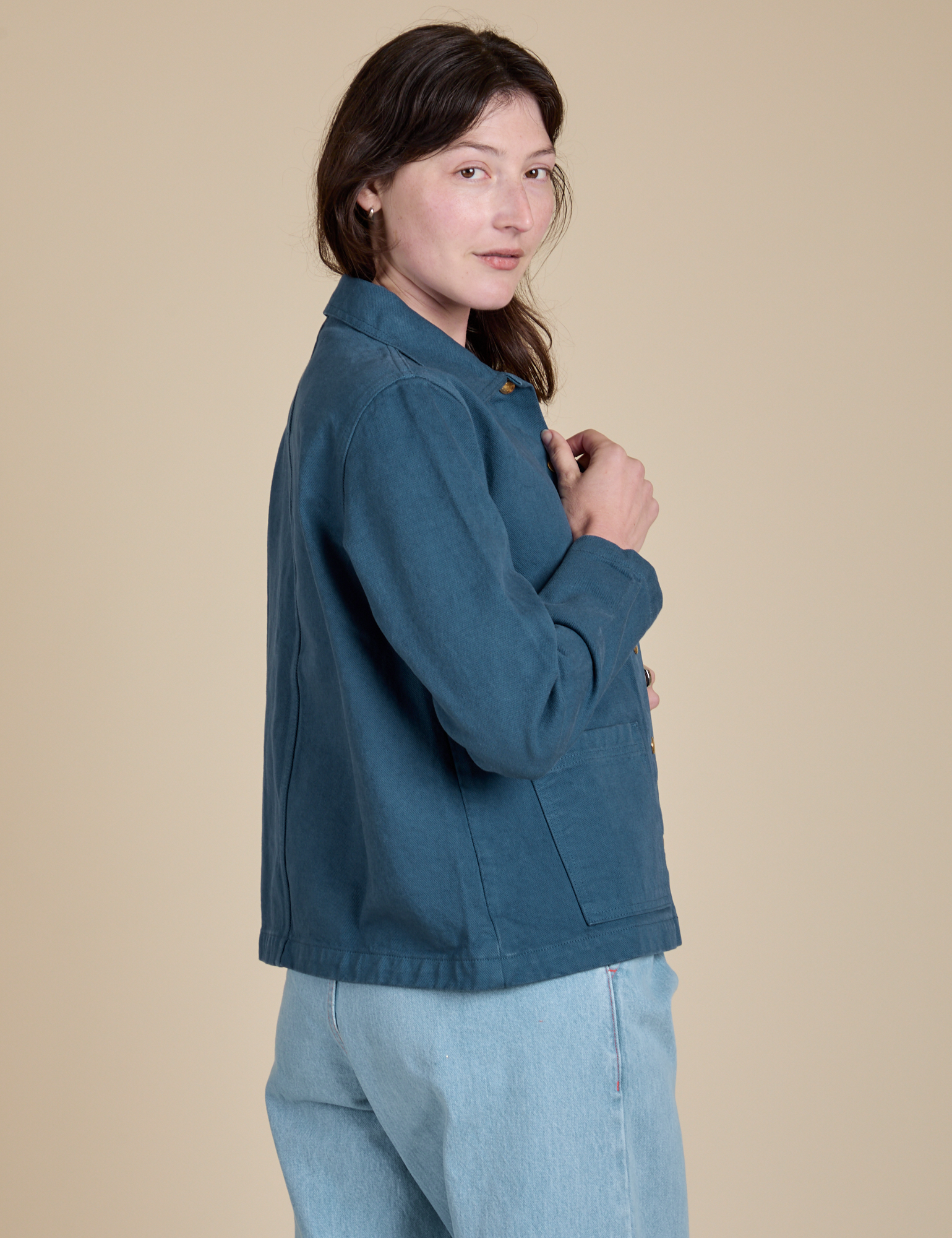 Denim Work Jacket in French Blue side view on Alex