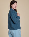 Denim Work Jacket in French Blue side view on Alex