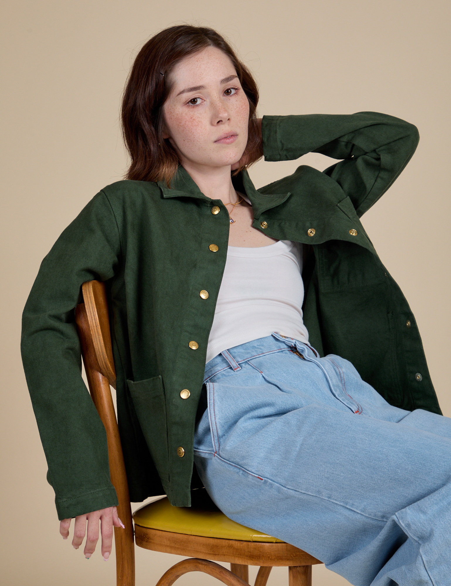 Denim Work Jacket in Swamp Green on Hana