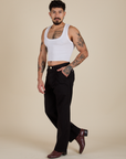 Angled front view of Work Pants in Basic Black and vintage tee white Cropped Tank