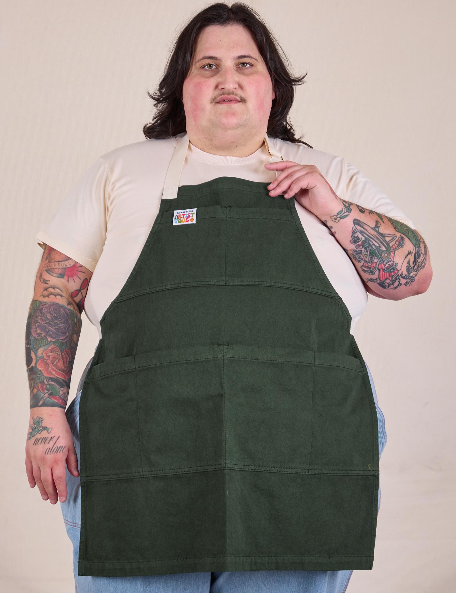 Full Denim Apron in Swamp Green worn by Sam