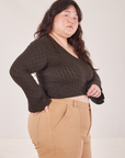 Side view of Bell Sleeve Top in Espresso Brown and tan Work Pants worn by Ashley