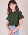 Burly Tee in Swamp Green angled front view on Alex