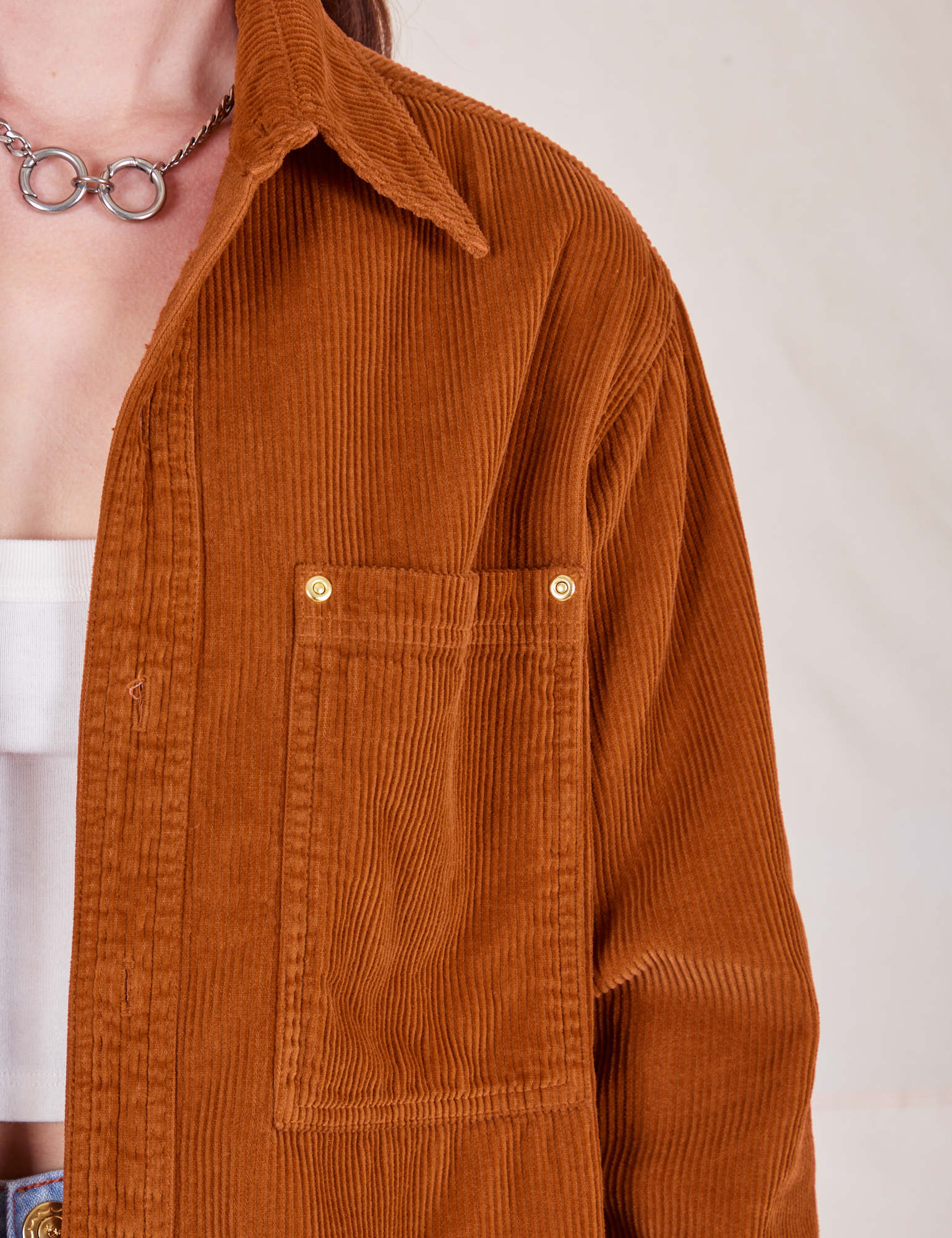 Front close up of Corduroy Overshirt in Burnt Terracotta on Alex
