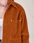 Front close up of Corduroy Overshirt in Burnt Terracotta on Alex