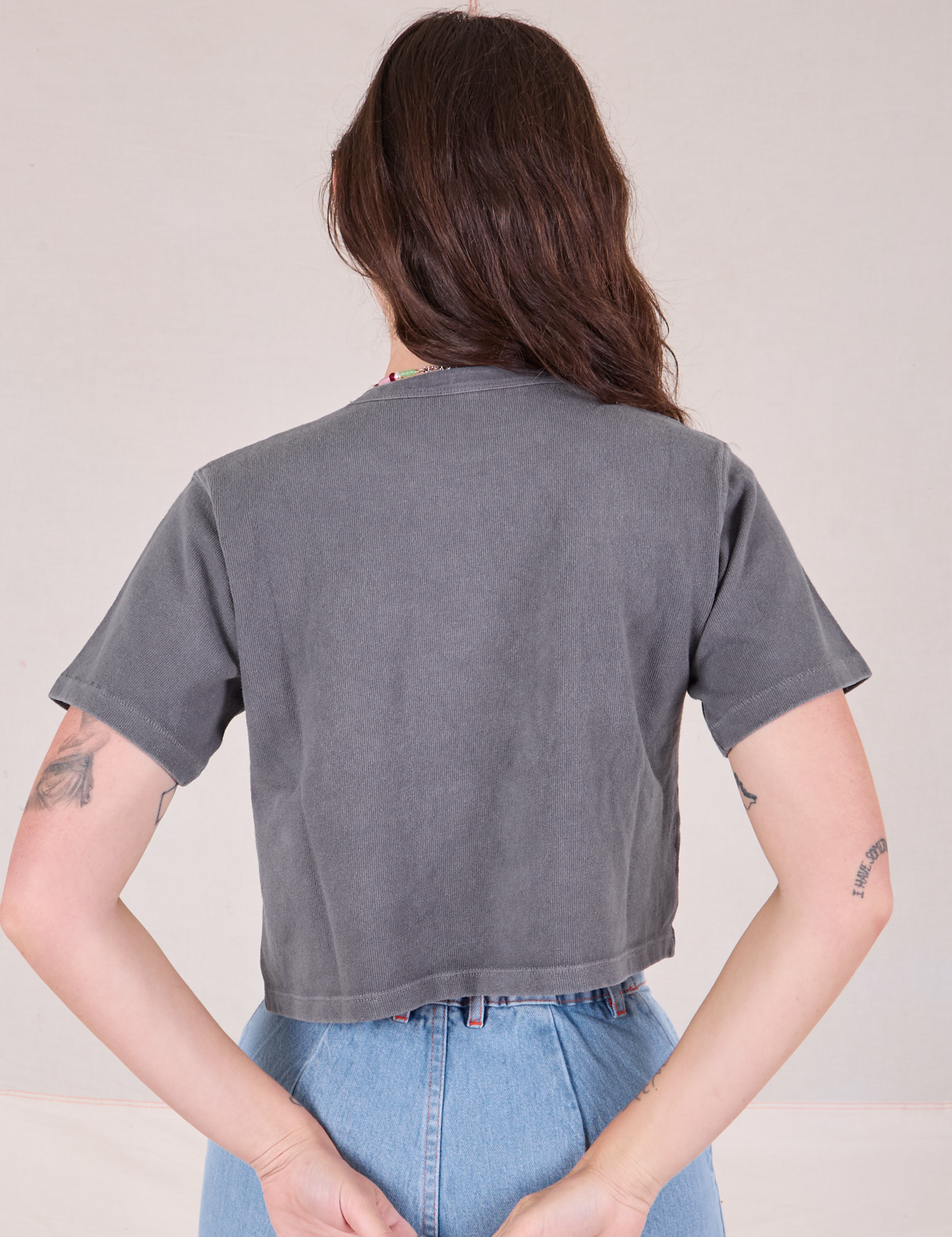 Cropped Burly Tee in Washed Grey back view on Alex