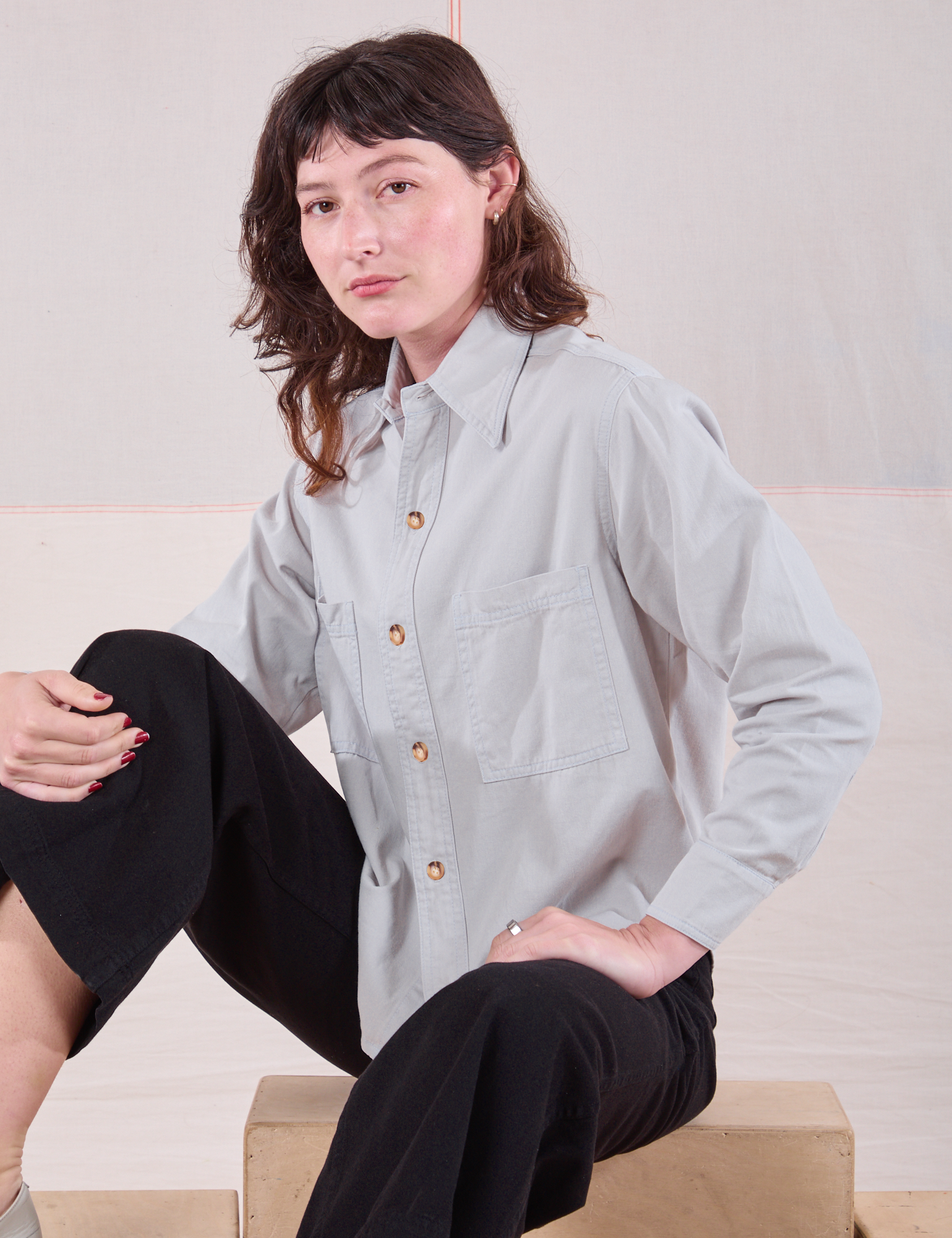 Cropped Overshirt in Stone White worn by Alex