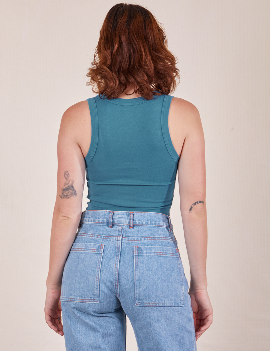 Back view of Cropped Tank Top in Marine Blue worn by Alex