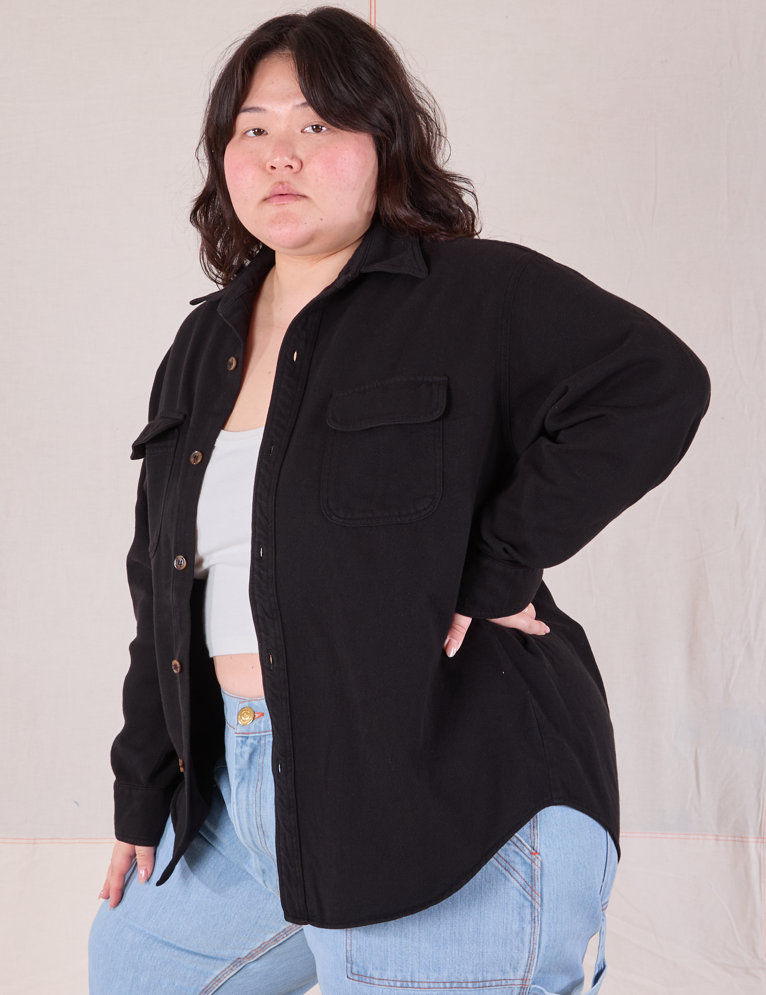 Flannel Overshirt in Basic Black angled front view on Ashley