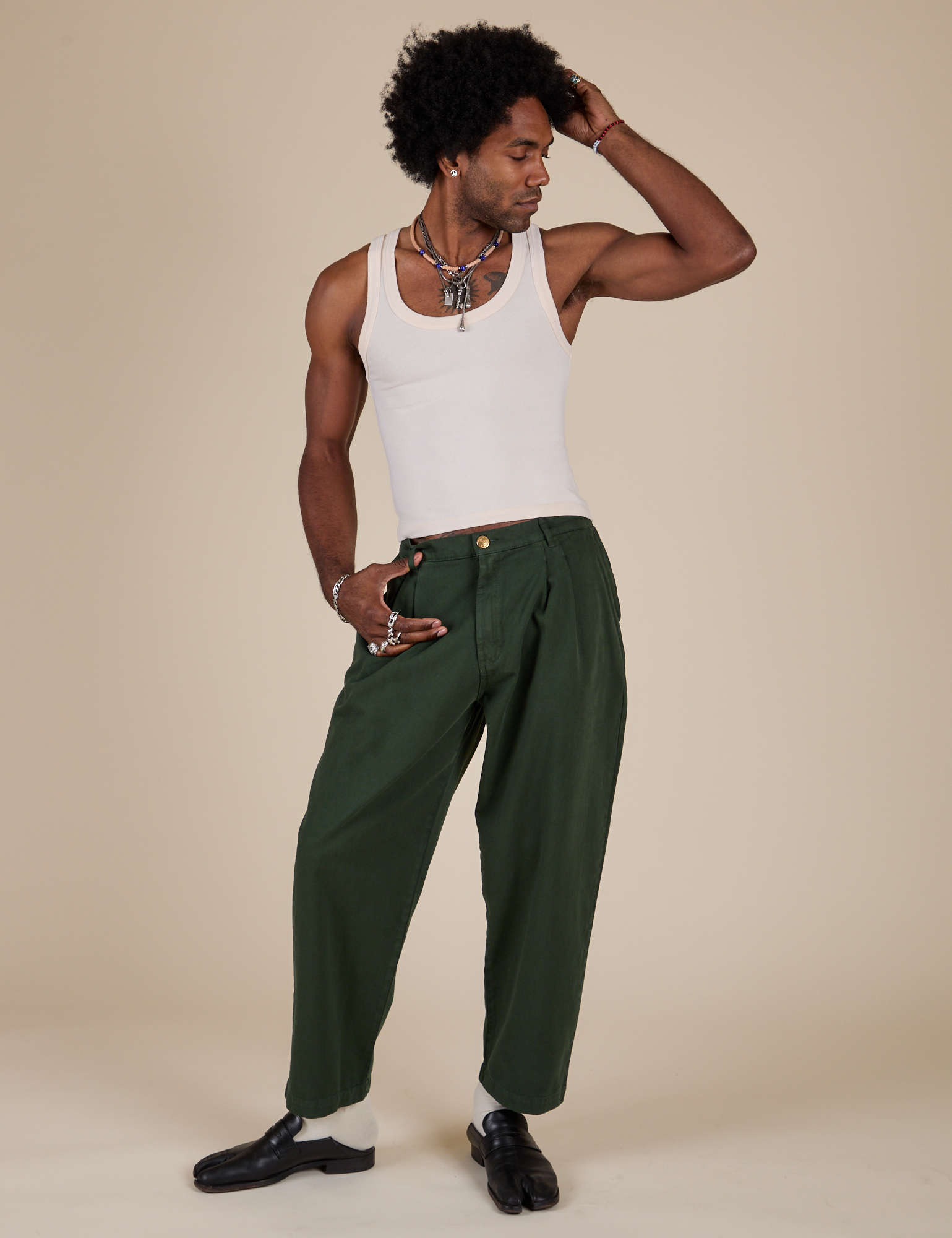 Heavyweight Trousers in Swamp Green  and Tank Top in Vintage Tee White on Jerrod
