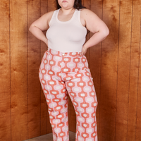 Ashley is wearing Western Pants in Pink Jacquard